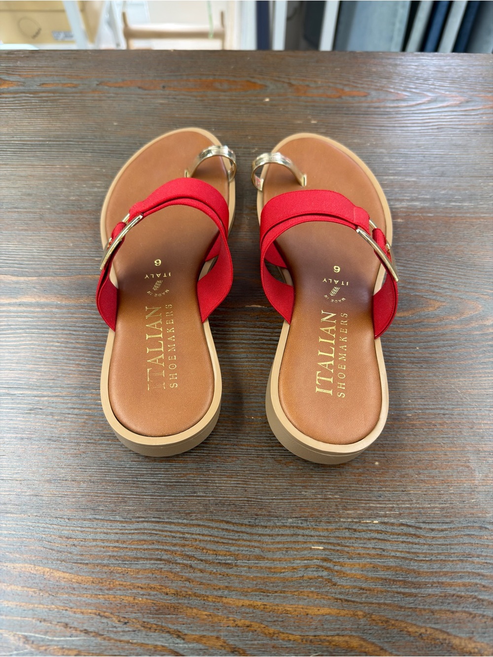 Italian Shoemakers Red Slide Sandals with Gold Accents - Picture 4 of 5